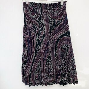 Vintage Pleated Midi Skirt Medium  Elastic Waist Purple Black Geometric Boho